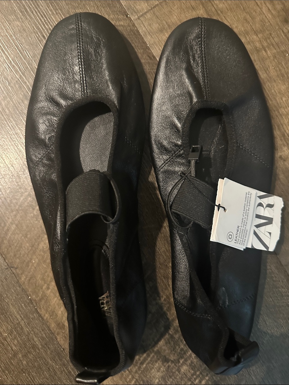 NEW - Zara Leather Ballet Flats with Elastic Straps -Size 10 - Picture 2 of 3